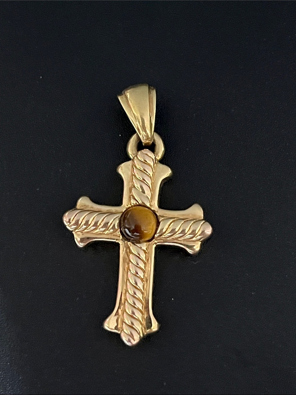 Vintage Italy 14K Gold Tiger’s Eye Cross Pendant 585 Religious Charm